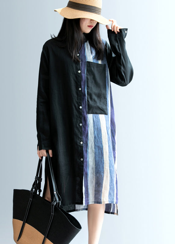 Black Low High Design Striped Linen Long Shirt Spring