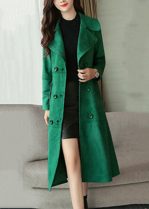 Blackish Green Double Breast Pockets Patchwork Faux Suede Long Coat Fall