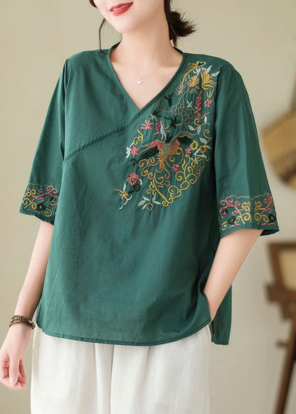 Blackish Green Embroidered Side Open Cotton Blouses Summer