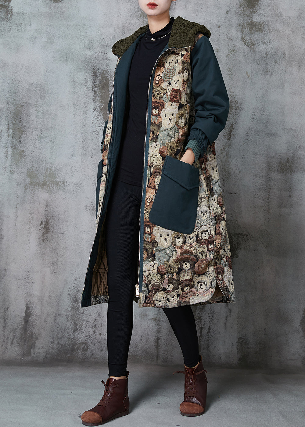 Blackish Green Hooded Cartoon Print Fine Cotton Filled Parka Winter
