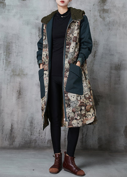 Blackish Green Hooded Cartoon Print Fine Cotton Filled Parka Winter