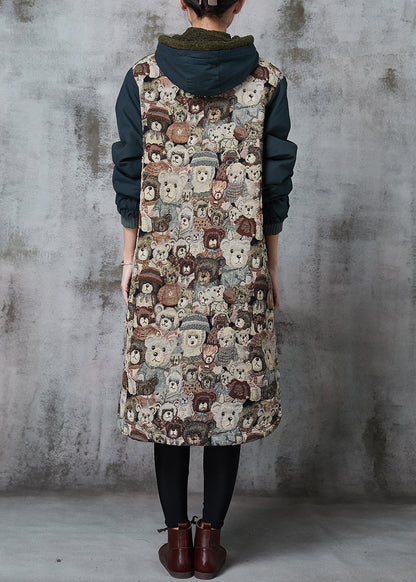 Blackish Green Hooded Cartoon Print Fine Cotton Filled Parka Winter