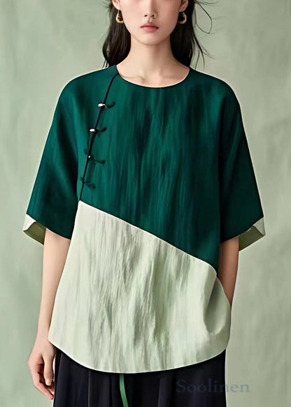 Blackish Green O Neck Button Cotton Shirt Half Sleeve