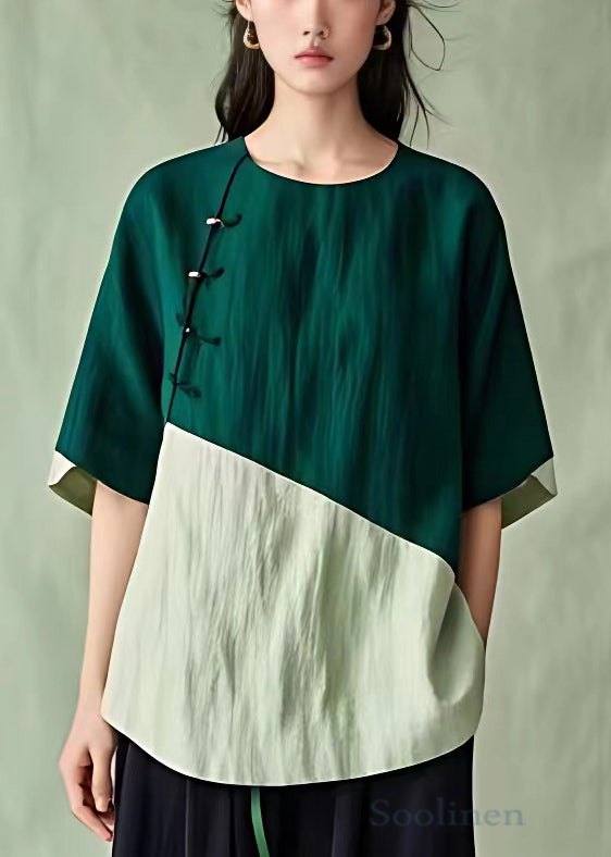 Blackish Green O Neck Button Cotton Shirt Half Sleeve