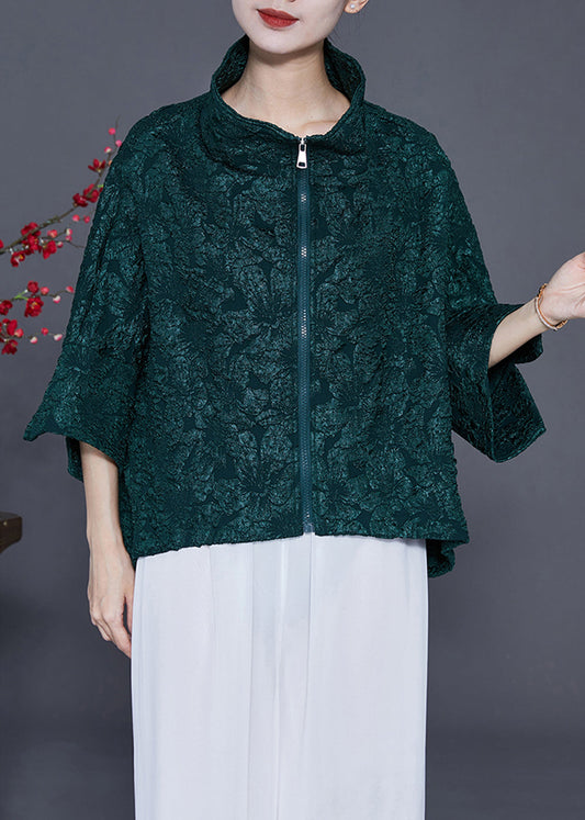 Blackish Green Oversized Jacquard Cotton Coat Bracelet Sleeve