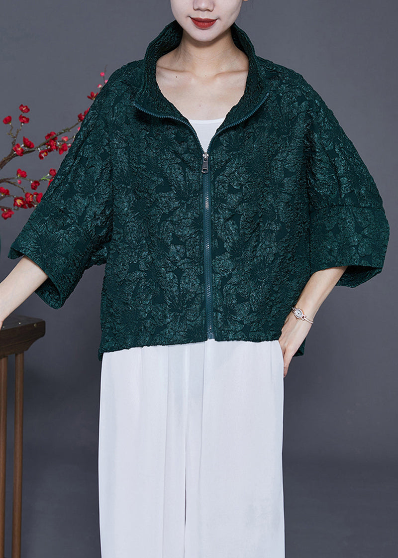 Blackish Green Oversized Jacquard Cotton Coat Bracelet Sleeve