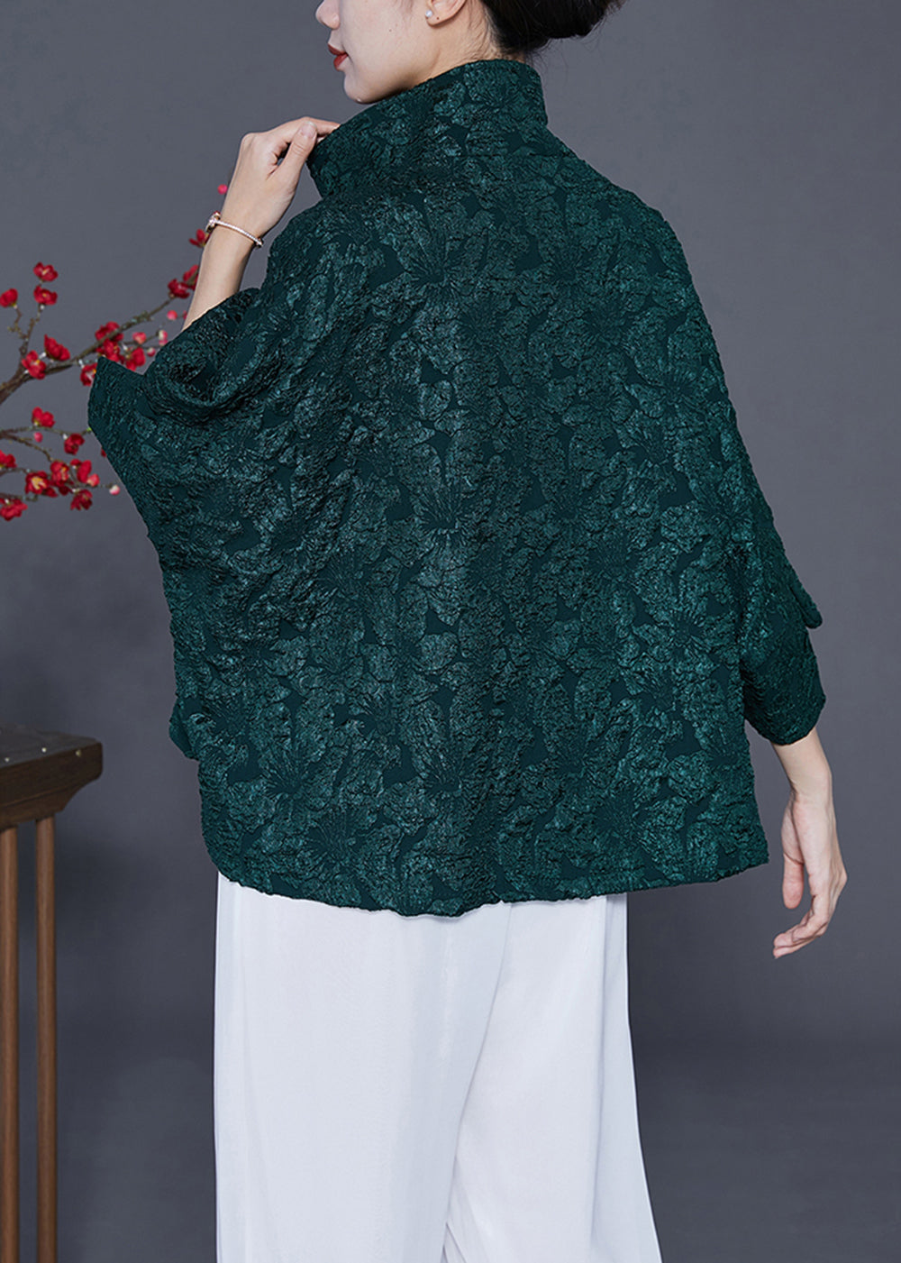 Blackish Green Oversized Jacquard Cotton Coat Bracelet Sleeve