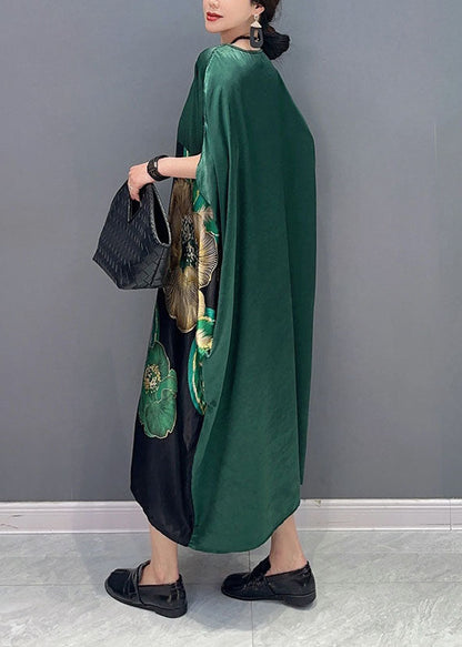 Blackish Green Oversized Patchwork Print Silk Dress Batwing Sleeve