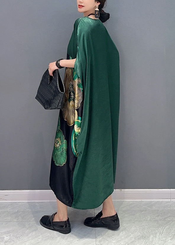 Blackish Green Oversized Patchwork Print Silk Dress Batwing Sleeve