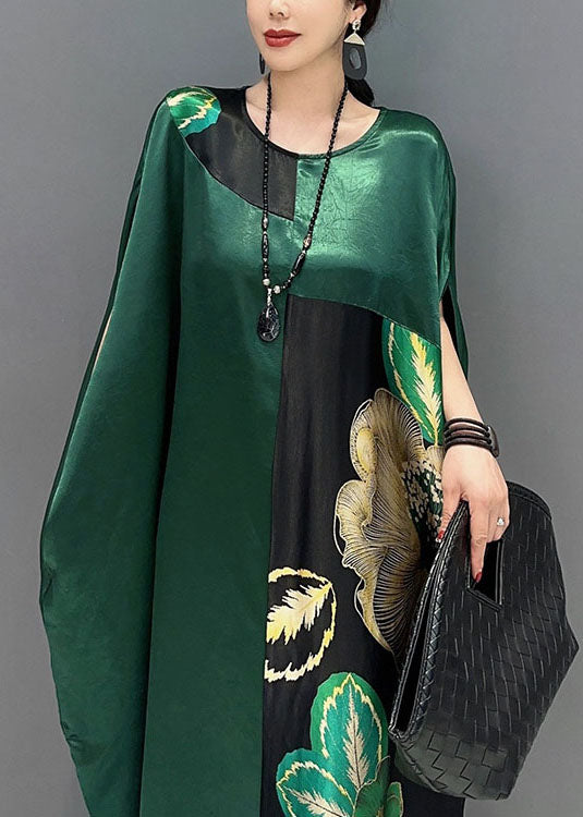 Blackish Green Oversized Patchwork Print Silk Dress Batwing Sleeve