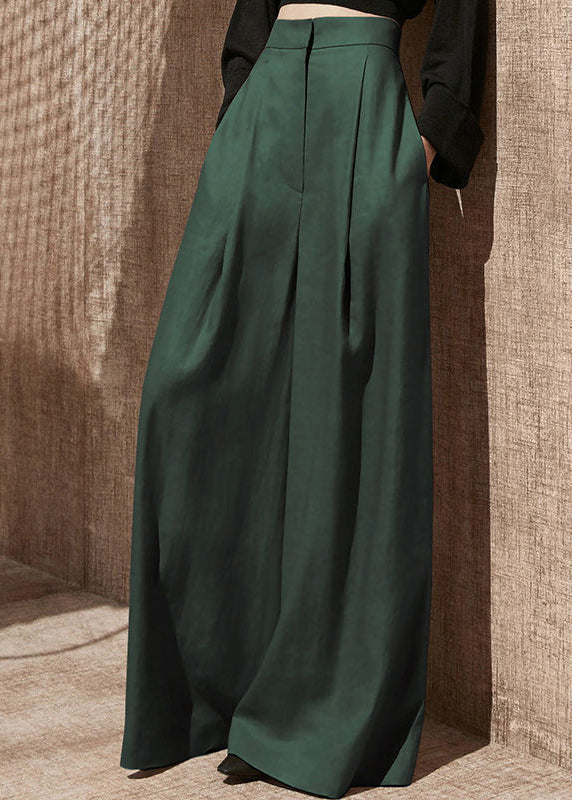 Blackish Green Pockets High Waist Patchwork Cotton Wide Leg Pants Fall