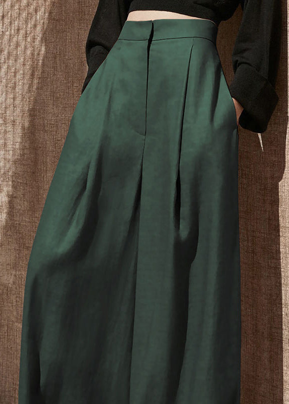 Blackish Green Pockets High Waist Patchwork Cotton Wide Leg Pants Fall