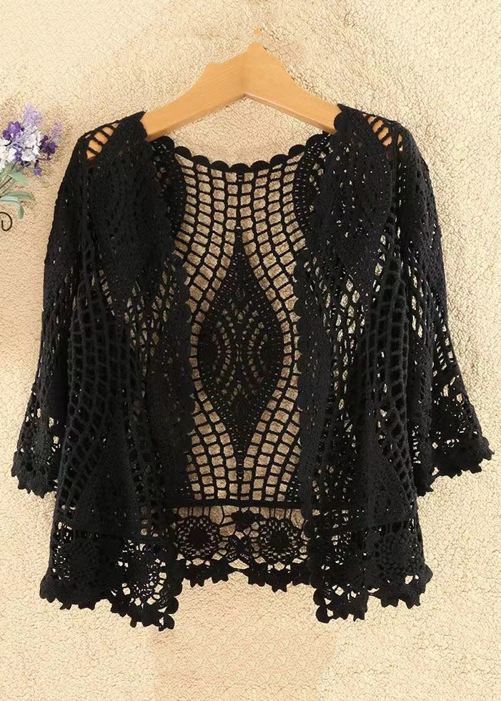 Blackish Green Hollow Out Cotton Knit Cardigan Summer
