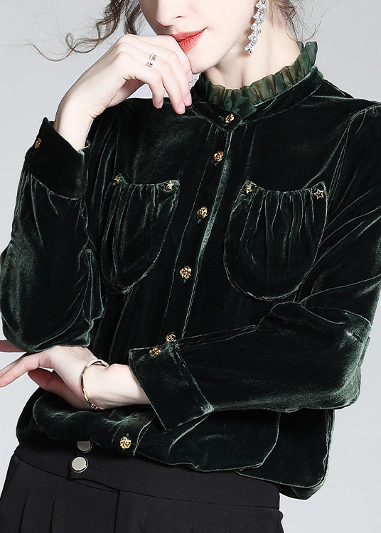 Blackish Green Stand Collar Button Silk Velour Shirt Long Sleeve