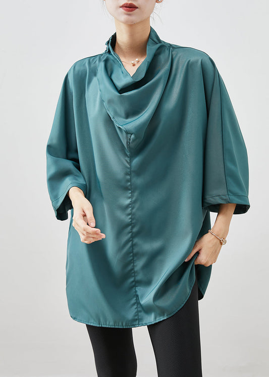 Blackish Green Turtle Neck Silk Shirt Bracelet Sleeve