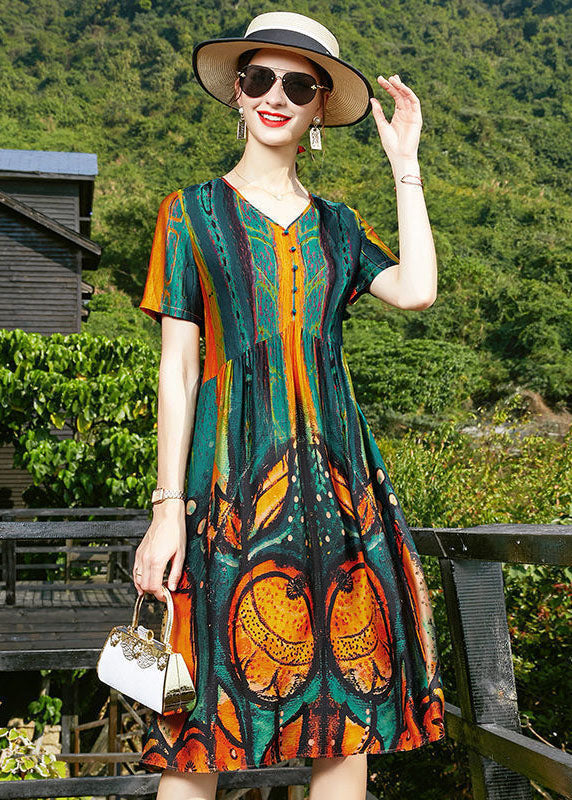 Blackish Green V Neck Wrinkled Print Silk Cinch Dresses Short Sleeve