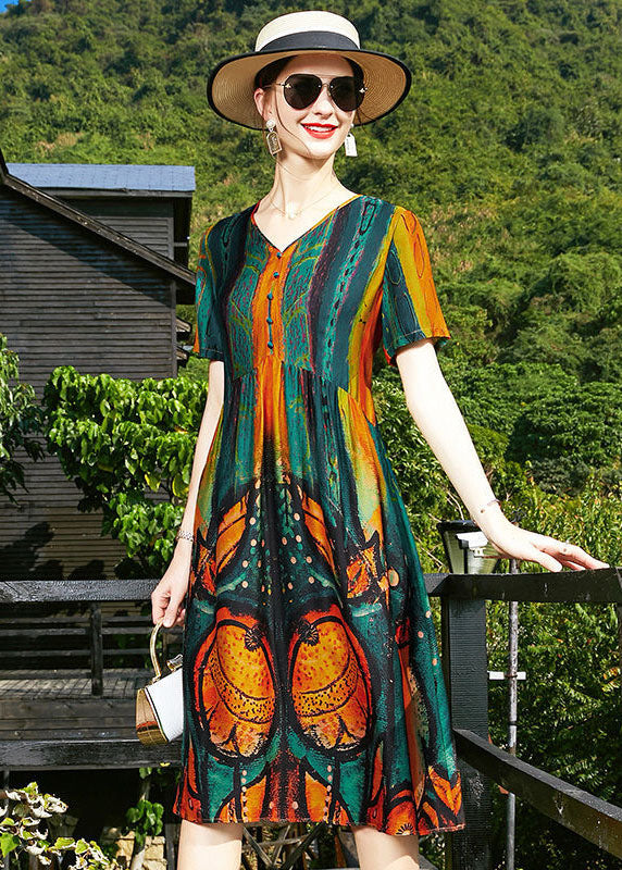 Blackish Green V Neck Wrinkled Print Silk Cinch Dresses Short Sleeve