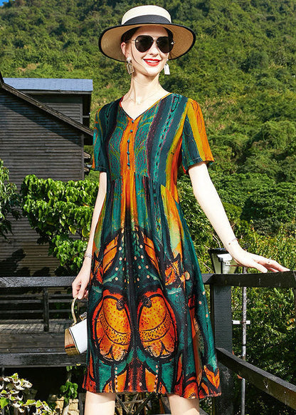Blackish Green V Neck Wrinkled Print Silk Cinch Dresses Short Sleeve