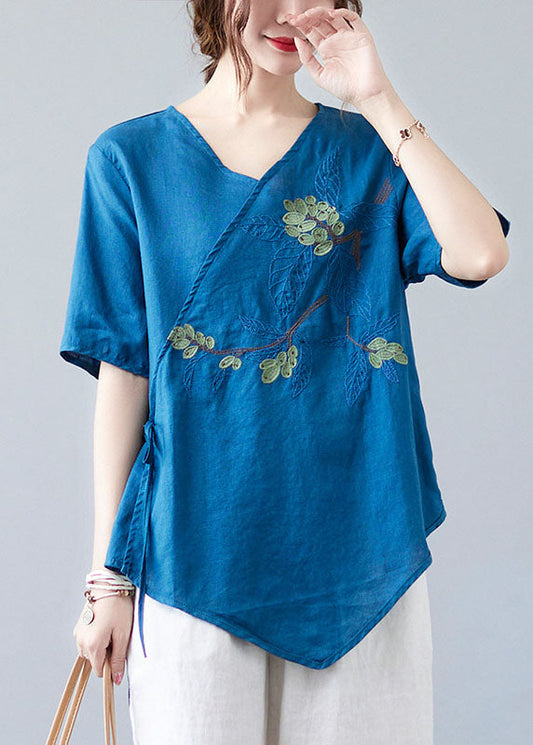Blue Asymmetrical Shirt Tops Half Sleeve