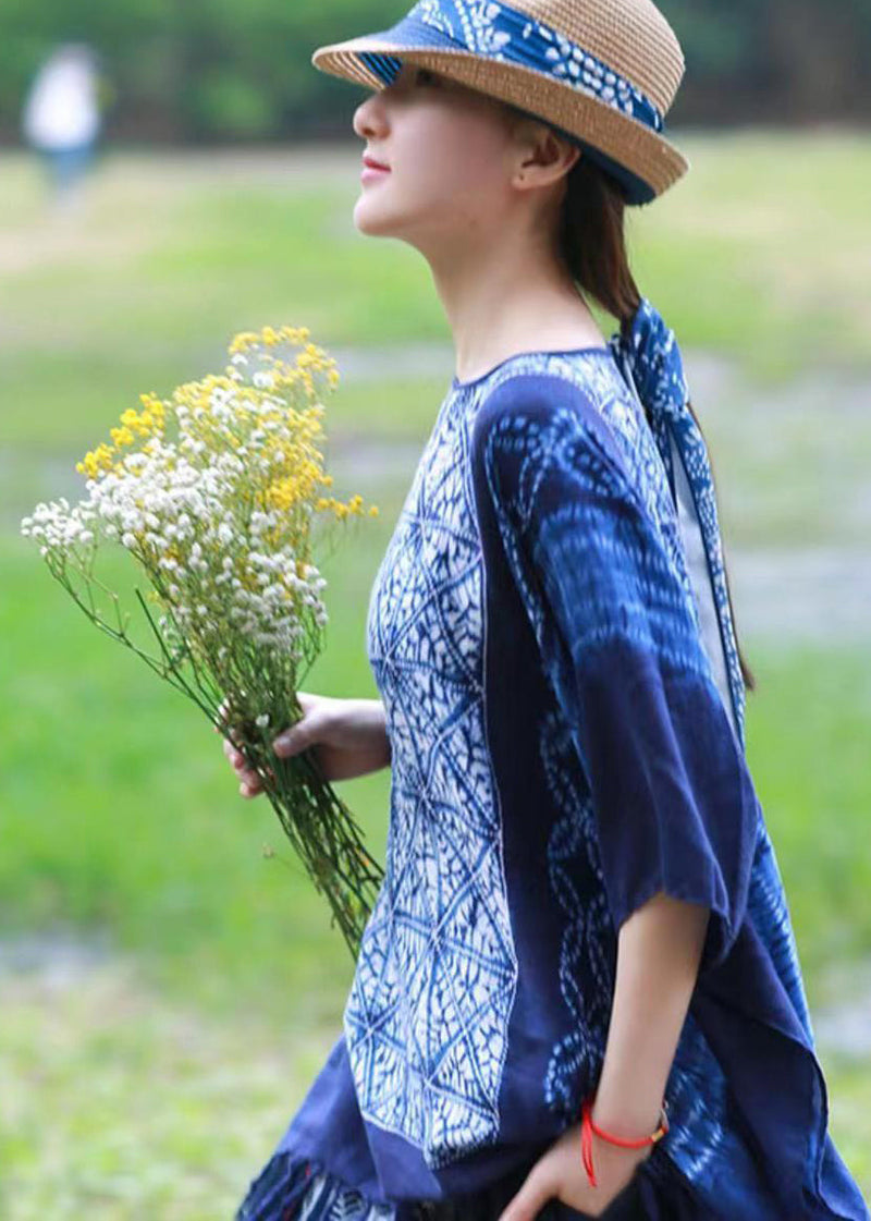 Blue Asymmetrical Design Tassel Print Linen Tops Batwing Sleeve