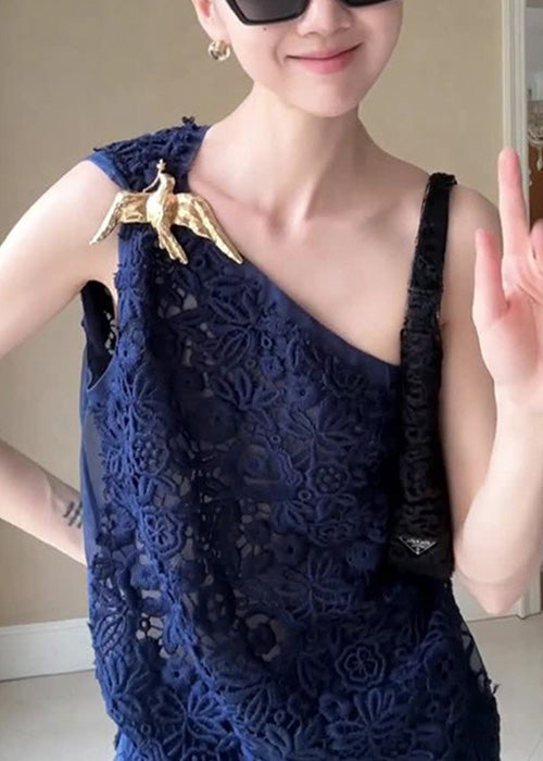 Blue Asymmetrical Hollow Out Tank Sleeveless