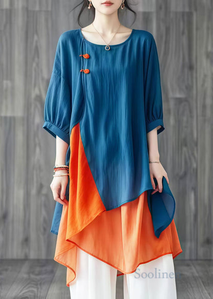 Blue Asymmetrical Patchwork Cotton Shirt Tops Summer