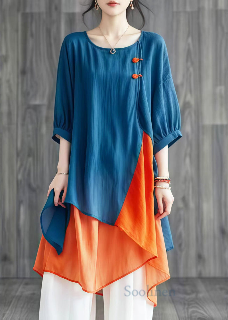Blue Asymmetrical Patchwork Cotton Shirt Tops Summer