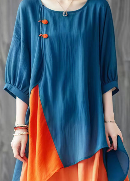 Blue Asymmetrical Patchwork Cotton Shirt Tops Summer