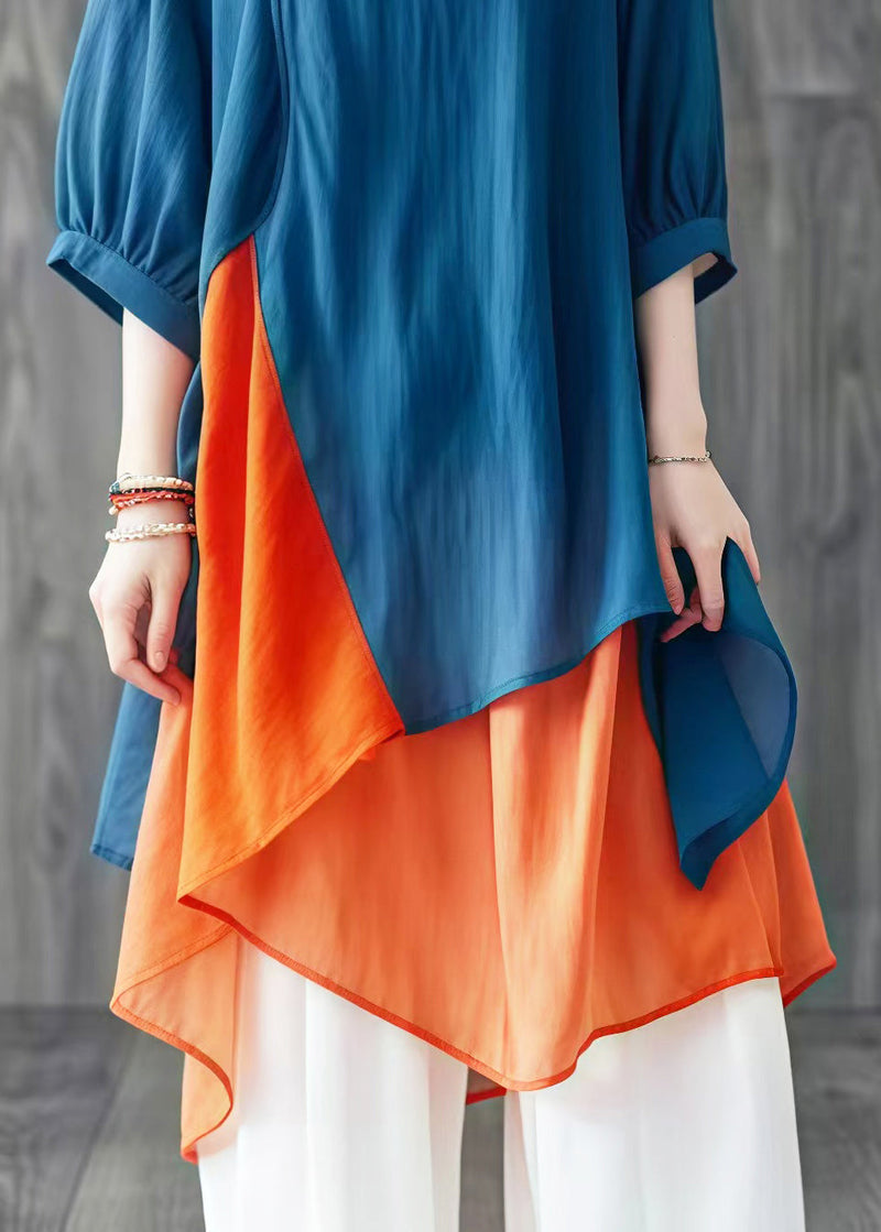 Blue Asymmetrical Patchwork Cotton Shirt Tops Summer