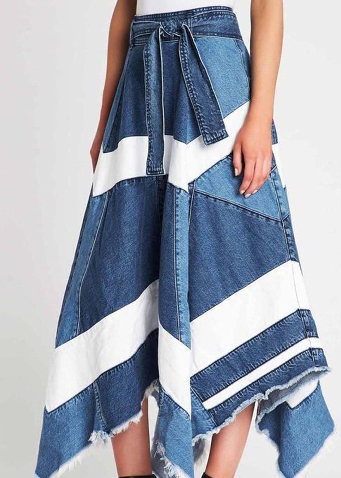 Blue Asymmetrical Patchwork Denim a Line Skirts Summer