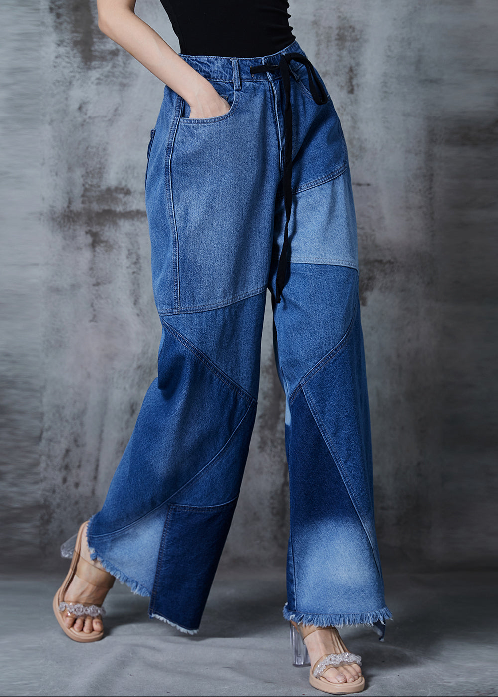 Blue Asymmetrical Patchwork Denim Pants Fall