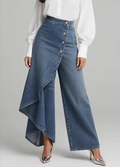 Blue Asymmetrical Patchwork Denim Pants Spring
