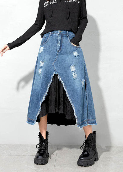 Blue Asymmetrical Patchwork Skirts Spring
