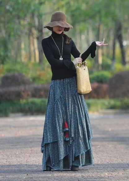 Blue Asymmetrical Print Elastic Waist Cotton Skirts Spring