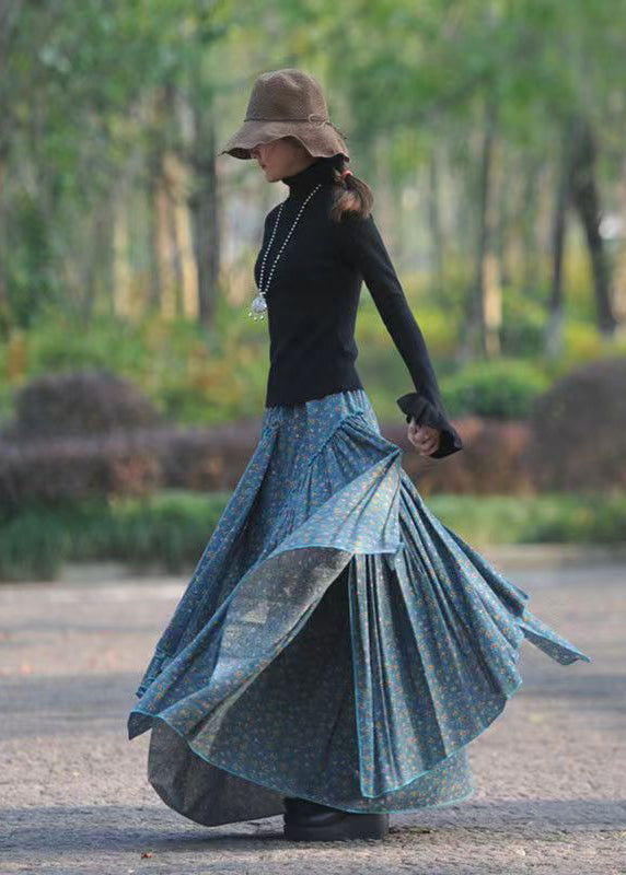 Blue Asymmetrical Print Elastic Waist Cotton Skirts Spring