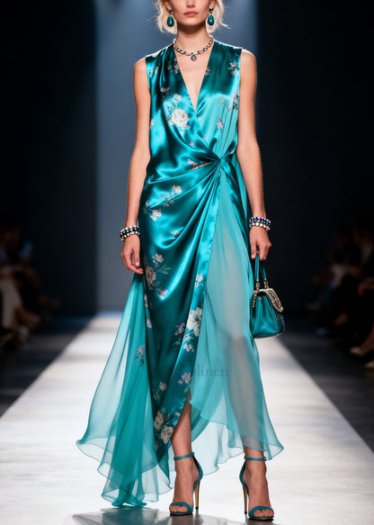 Blue Asymmetrical Print Silk Party Dress Summer