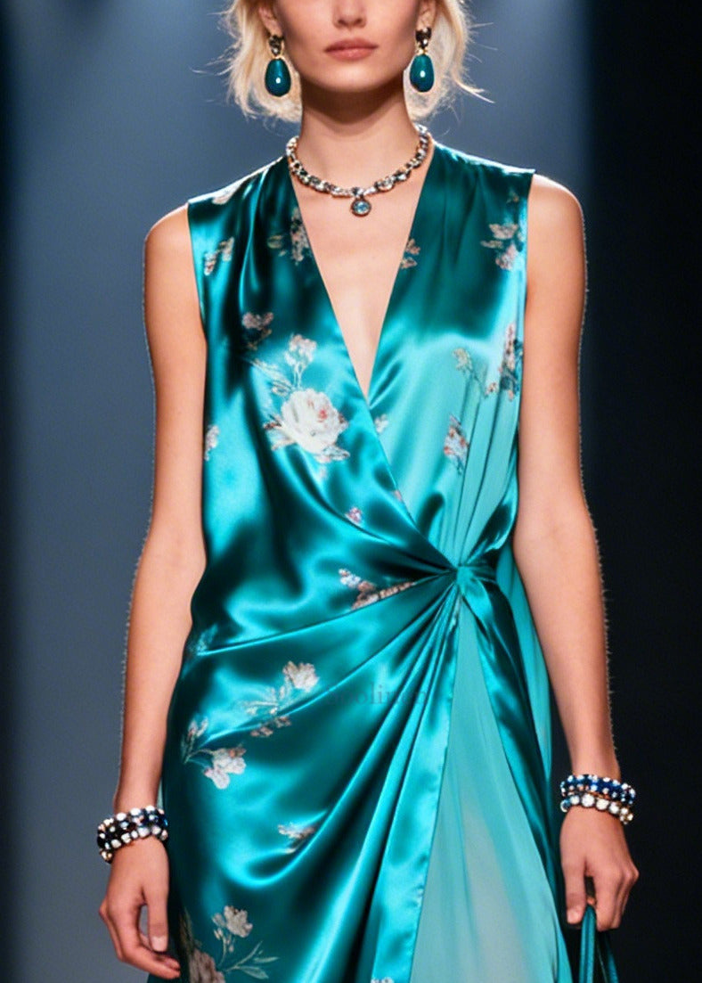 Blue Asymmetrical Print Silk Party Dress Summer