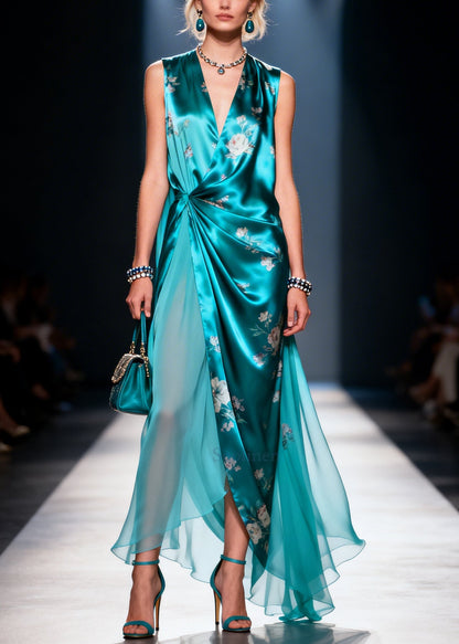 Blue Asymmetrical Print Silk Party Dress Summer