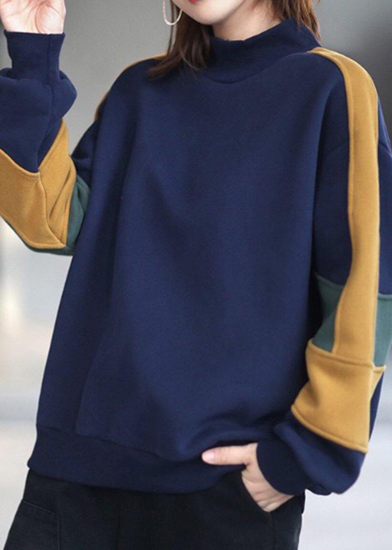 Women Blue Blouse High Neck Patchwork Box Spring Shirt