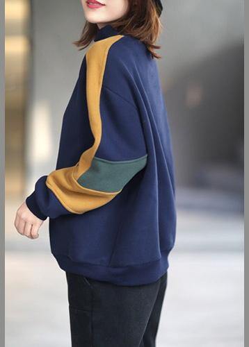 Women Blue Blouse High Neck Patchwork Box Spring Shirt