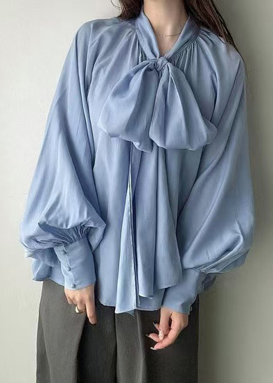 Blue Bow Oversized Silk Tops Lantern Sleeve