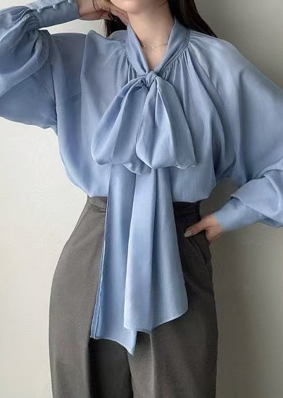 Blue Bow Oversized Silk Tops Lantern Sleeve