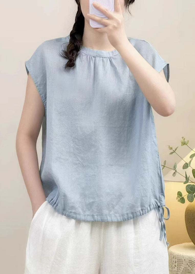 Blue Button Lace Up Linen Shirts Summer