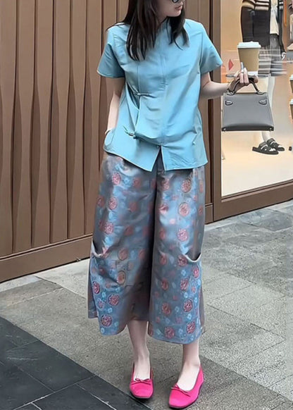 Blue Button Shirts and Crop Pants Two Piece Set Summer