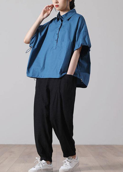 Blue Cinched Cotton Short Sleeve Shirts