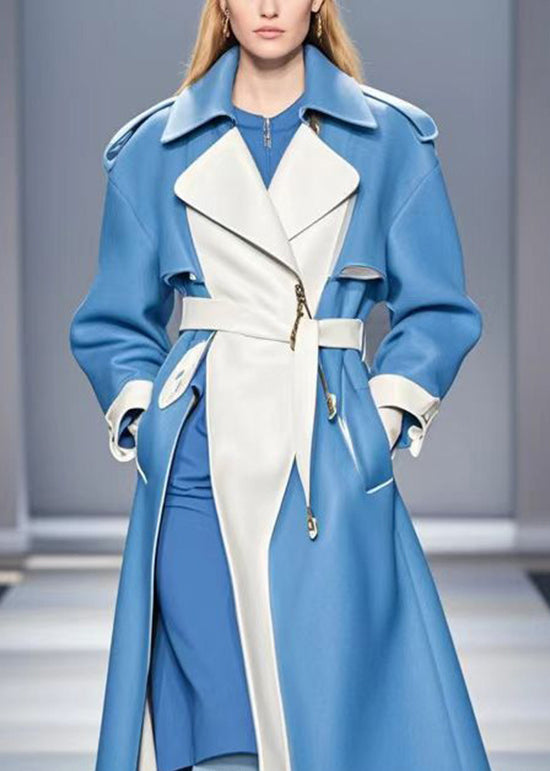 Blue Cinched Patchwork Faux Leather Trench Fall