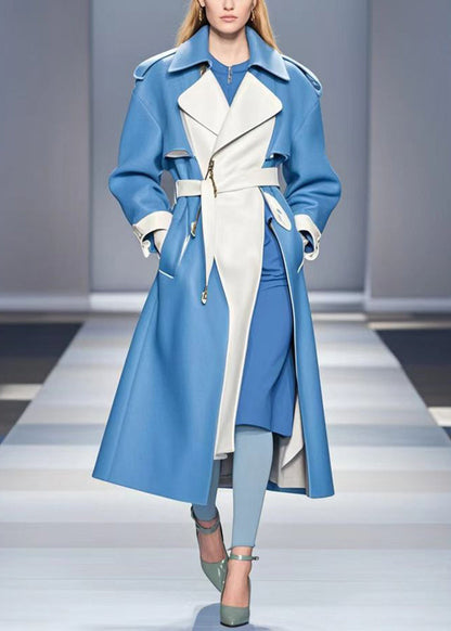 Blue Cinched Patchwork Faux Leather Trench Fall