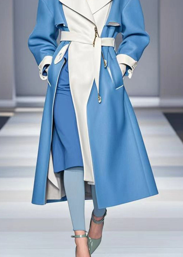 Blue Cinched Patchwork Faux Leather Trench Fall