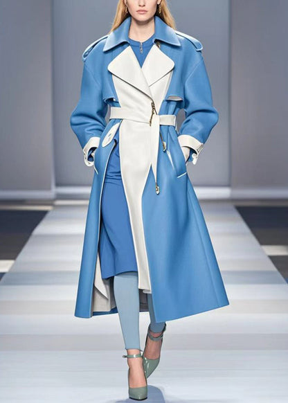 Blue Cinched Patchwork Faux Leather Trench Fall