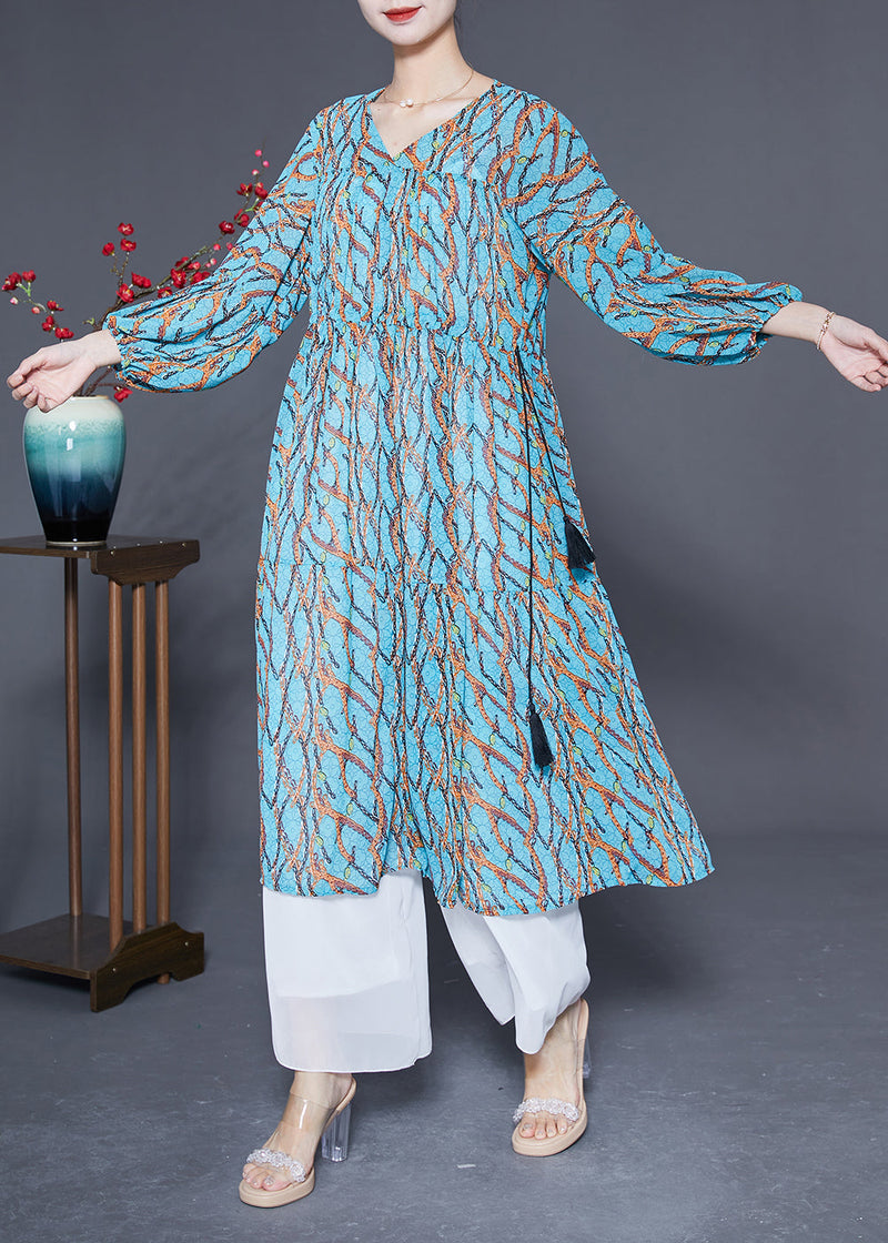 Blue Cinched Print Chiffon Holiday Dress Spring
